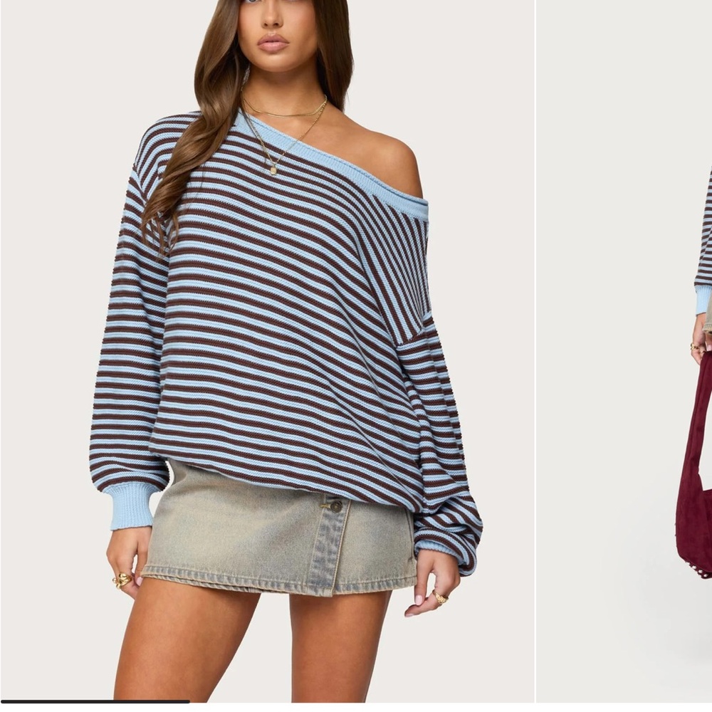 Edikted Off-Shoulder Sweater - Light Blue and Dark Brown
